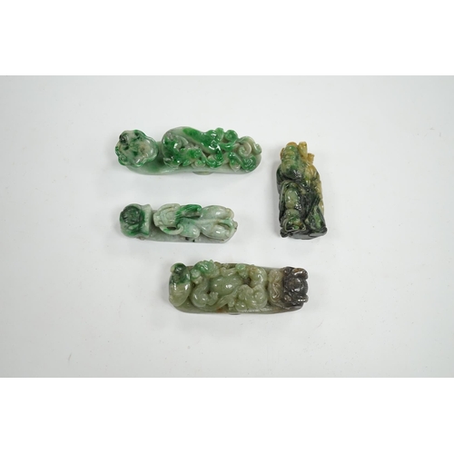 519 - Four Chinese green bowenite jade carvings and belt hooks, largest 9.5cm in length. Condition - good... 