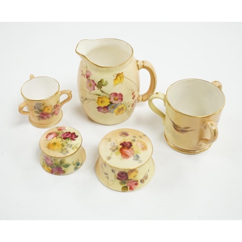 522 - Thirteen Worcester miniature cabinet pots and jugs including floral blush ivory examples, largest 7c... 