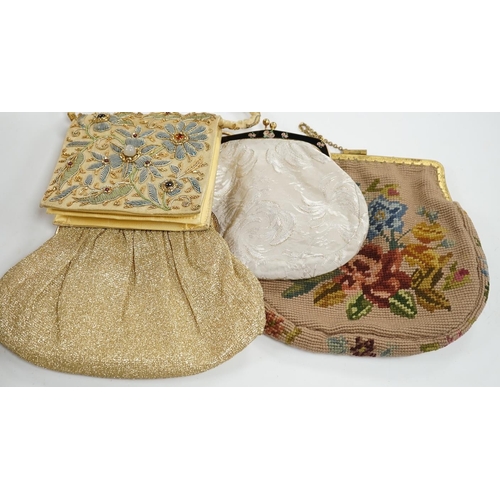 524 - A collection of mixed wool worked, suede and embroidered evening bags and two purses (9). Condition ... 