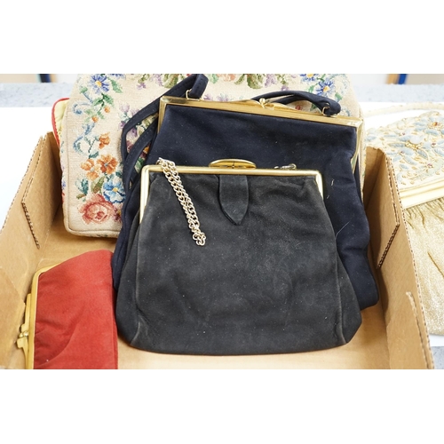 524 - A collection of mixed wool worked, suede and embroidered evening bags and two purses (9). Condition ... 