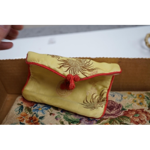 524 - A collection of mixed wool worked, suede and embroidered evening bags and two purses (9). Condition ... 