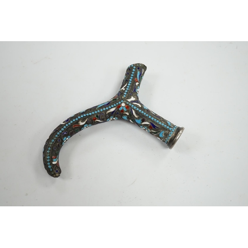 526 - A Russian white metal and enamel walking stick handle, 12cm wide. Condition - fair to good