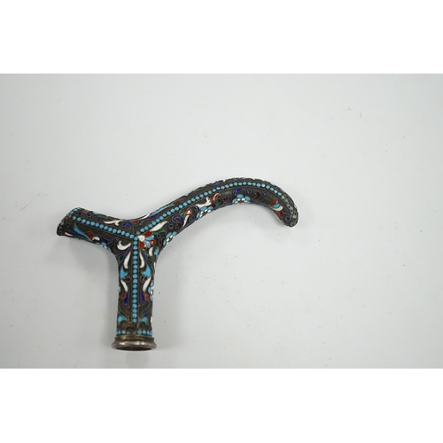 526 - A Russian white metal and enamel walking stick handle, 12cm wide. Condition - fair to good