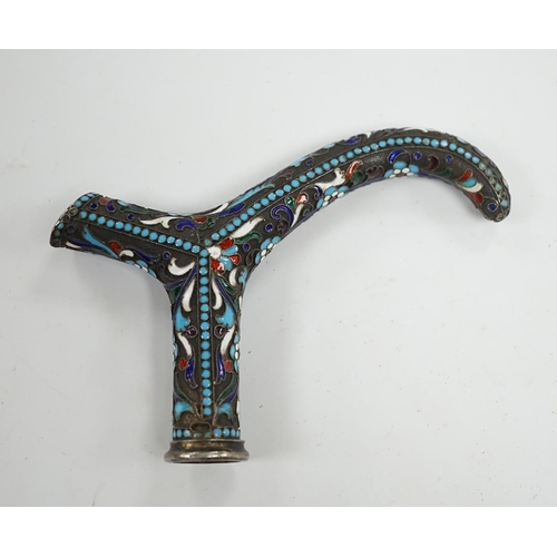 526 - A Russian white metal and enamel walking stick handle, 12cm wide. Condition - fair to good