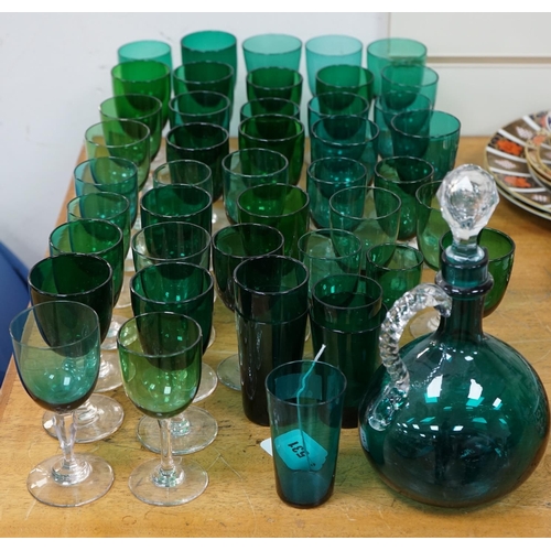 531 - A collection of Victorian green glassware including a claret jug, 24cm. Condition - mostly good... 