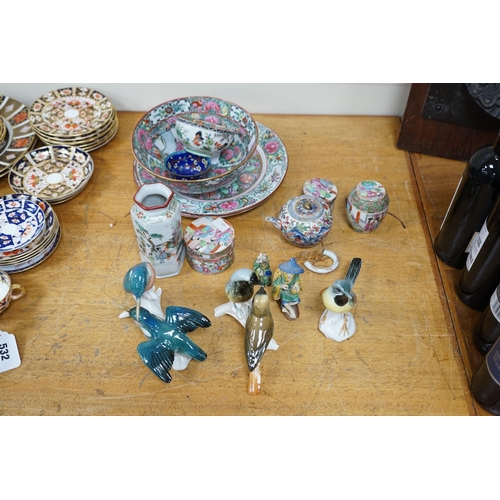 533 - A group of various Chinese ceramics and three European bird groups. Condition - varies