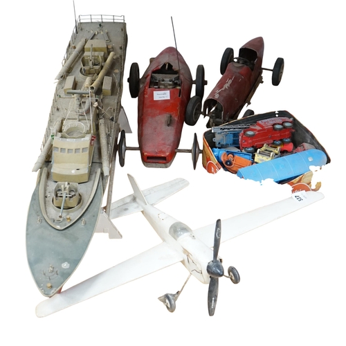 537 - Two tinplate model racing cars, a model aeroplane, battleship and other various cars. Condition - po... 