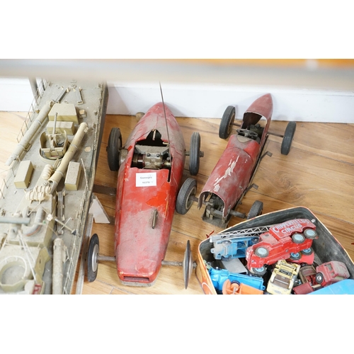 537 - Two tinplate model racing cars, a model aeroplane, battleship and other various cars. Condition - po... 