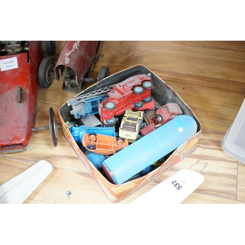 537 - Two tinplate model racing cars, a model aeroplane, battleship and other various cars. Condition - po... 