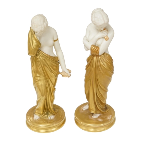 539 - A pair of Royal Worcester porcelain figures, Joy and Sorrow, modelled by James Hadley, 2/57 & 2/47, ... 