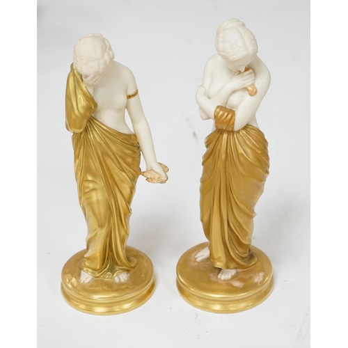 539 - A pair of Royal Worcester porcelain figures, Joy and Sorrow, modelled by James Hadley, 2/57 & 2/47, ... 