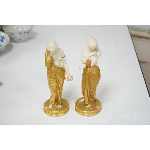 539 - A pair of Royal Worcester porcelain figures, Joy and Sorrow, modelled by James Hadley, 2/57 & 2/47, ... 