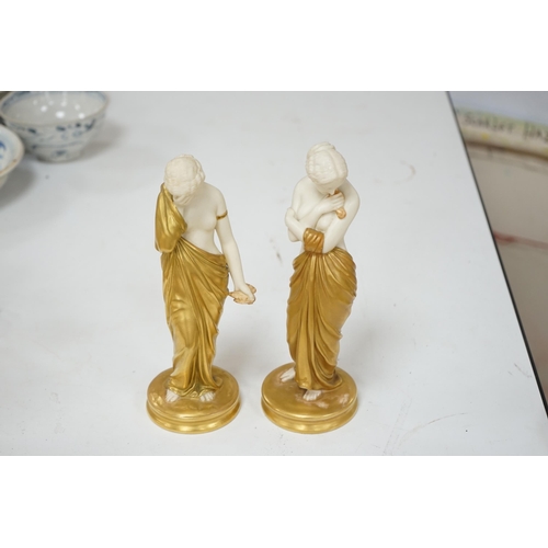 539 - A pair of Royal Worcester porcelain figures, Joy and Sorrow, modelled by James Hadley, 2/57 & 2/47, ... 