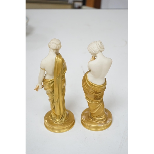 539 - A pair of Royal Worcester porcelain figures, Joy and Sorrow, modelled by James Hadley, 2/57 & 2/47, ... 