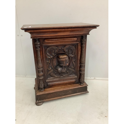 54 - A small Italian carved oak and walnut collector's chest, fitted ten bird's eye maple faced drawers, ... 