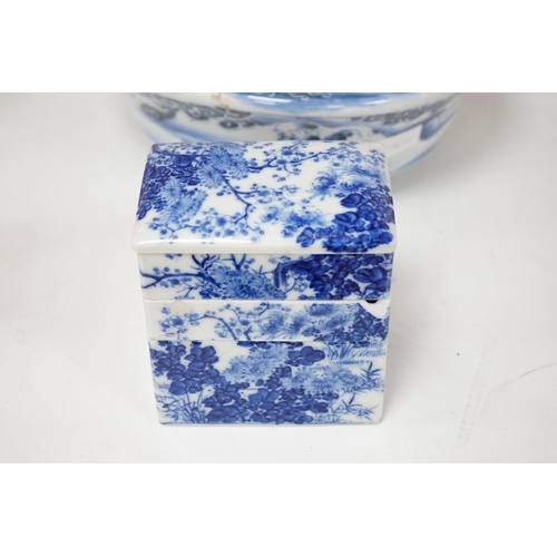 542 - A Japanese blue and white Arita stacking box and bowl, 32cm diameter. Condition - bowl good, box poo... 