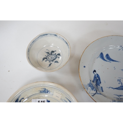 546 - Three 15th century pieces from the Saga Visal Hoi-an hoard Vietnamese shipwreck and a delft dish, 26... 