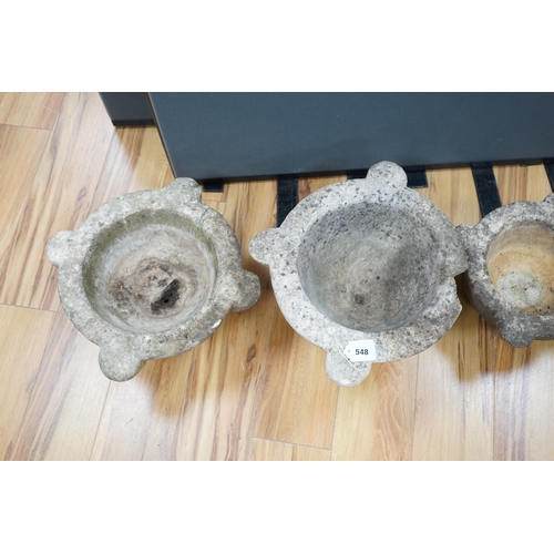 548 - Four graduated marble mortars, largest 46.5cm wide across top rim. Condition - largest mortar has a ... 