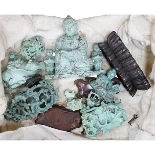 550 - A group of Chinese turquoise matrix carvings, comprising a boy on a buffalo, 5.5in. a brushwasher, 7... 