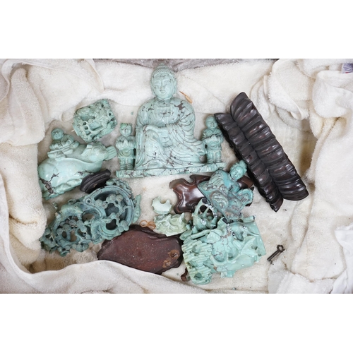 550 - A group of Chinese turquoise matrix carvings, comprising a boy on a buffalo, 5.5in. a brushwasher, 7... 