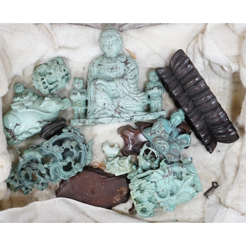 550 - A group of Chinese turquoise matrix carvings, comprising a boy on a buffalo, 5.5in. a brushwasher, 7... 