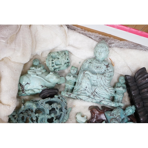 550 - A group of Chinese turquoise matrix carvings, comprising a boy on a buffalo, 5.5in. a brushwasher, 7... 