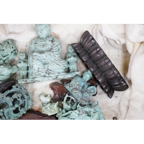 550 - A group of Chinese turquoise matrix carvings, comprising a boy on a buffalo, 5.5in. a brushwasher, 7... 