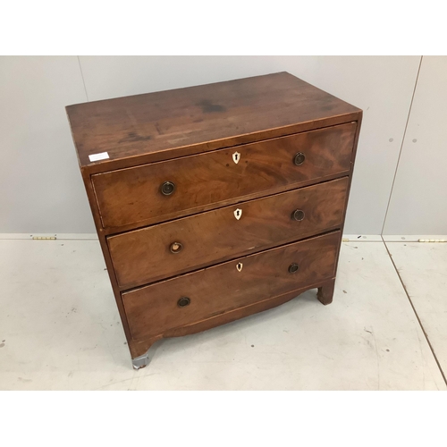 61 - A small George III mahogany chest of three drawers, width 74cm, depth 42cm, height 73cm. Condition -... 