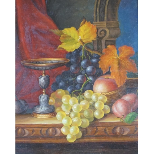 633 - Cartor, Contemporary oil on board in the 17th century Dutch style, Still life of fruit and leaves, 2... 