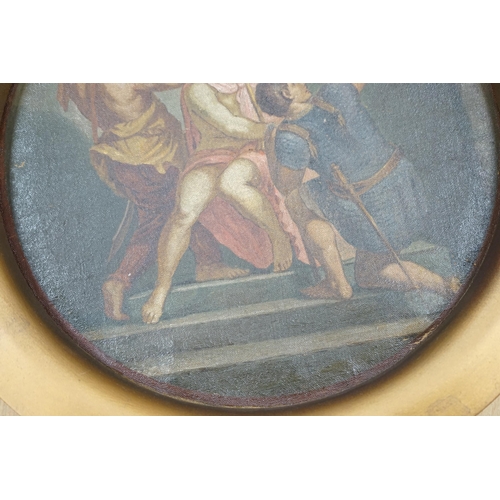 636 - Early 20th century, tondo oil on canvas, Three robed figures, 28cm diameter, gilt framed. Condition ... 