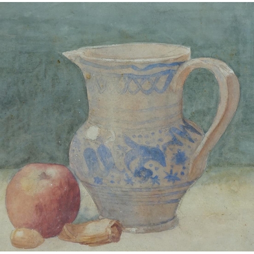 637 - 20th century School, watercolour, Still life, of a jug and apple, unsigned, 23 x 23cm. Condition - p... 