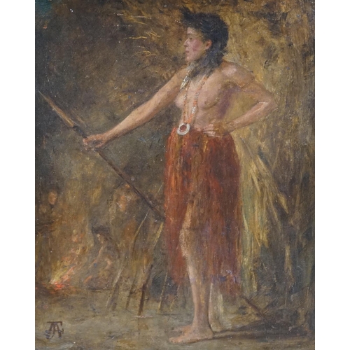 638 - A.J. Foster (Australian?), oil on board, Polynesian female warrior, signed with monogram, 28 x 22.5c... 