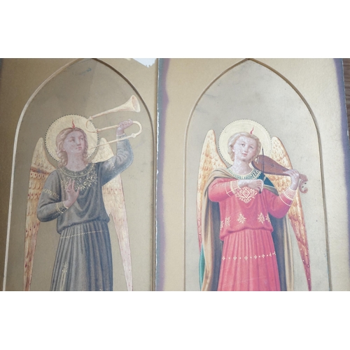 645 - Style of Fra Angelico (Italian), pair of 19th century gilt and watercolour studies, Heralding angels... 