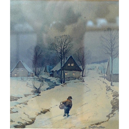 662 - Geff Rustler, German, watercolour, Winter scene, 22 x 19cm. Condition - good