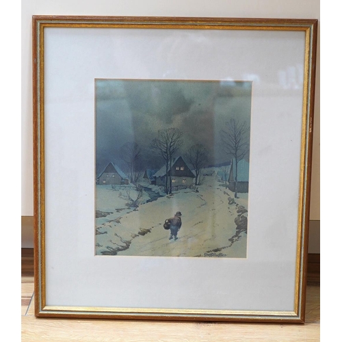 662 - Geff Rustler, German, watercolour, Winter scene, 22 x 19cm. Condition - good