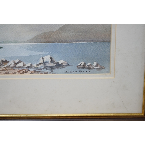 664 - Duncan Russell (20th. C), watercolour, Ennerdalewater, signed, 17.5 x 26cm. Condition - fair... 