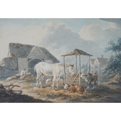 666 - 19th century school, ink and watercolour, Farmstead scene, indistinctly signed lower right, 18.5 x 2... 