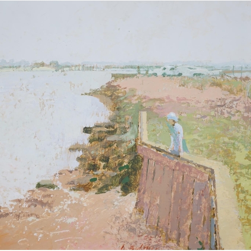 668 - Lionel Bulmer (English, 1919-1991), oil on board, 'Sea Wall, River Blyth', signed, label verso, 29 x... 