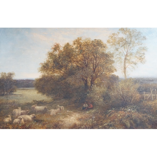 670 - 19th century, English School, Riverside landscape with figures and sheep, unsigned, 49 x 74cm, ornat... 