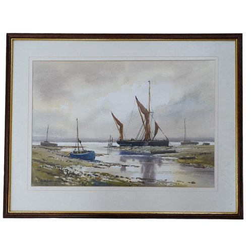 679 - Keith Burtonshaw (1930-2008), watercolour, Estuary with fishing boats, 'Lowtide reflections', signed... 