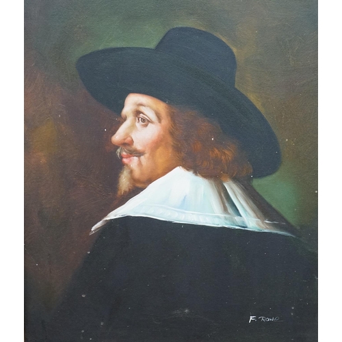 683 - F. Rowe, Decorative oil on canvas, Portrait of a 17th century Dutch gentleman, signed, 59 x 50cm, or... 