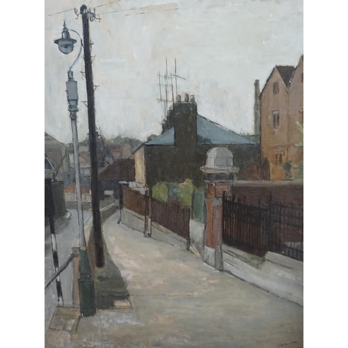 689 - J.A. Brewer (20th. C), oil on board, Northern street scene with gas lamp, signed, 80 x 60cm. Conditi... 