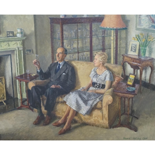 692 - Edward Irvine Halliday (1902-1984), oil on canvas, Interior scene with Mr and Mrs Giles Newton, sign... 