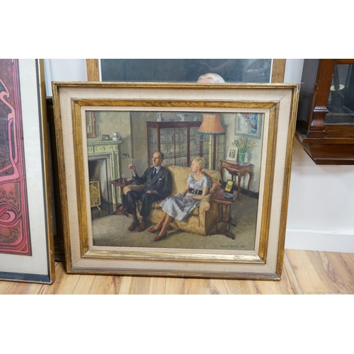 692 - Edward Irvine Halliday (1902-1984), oil on canvas, Interior scene with Mr and Mrs Giles Newton, sign... 