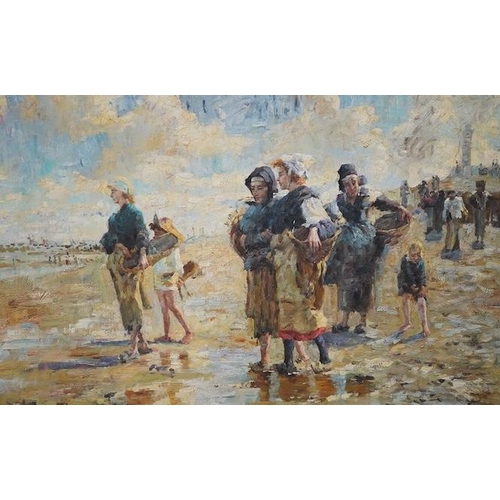 693 - Modern British, oil on board, Beach scene with figures, unsigned, 59 x 90cm. Condition - good