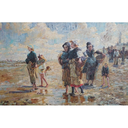 693 - Modern British, oil on board, Beach scene with figures, unsigned, 59 x 90cm. Condition - good