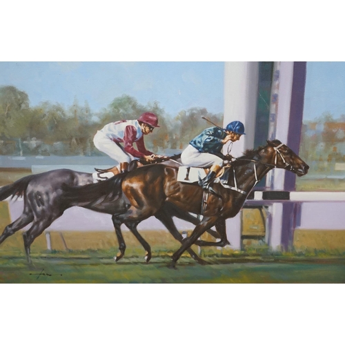 697 - Graham Isom (b.1945), oil on canvas, Horse racing scene, 50 x 75cm. Condition - fair to good, a few ... 