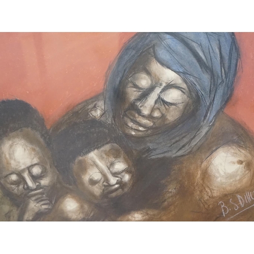 698 - B.S. Dihutso, pastel, Mother and children, signed, 42 x 55cm. Condition - good