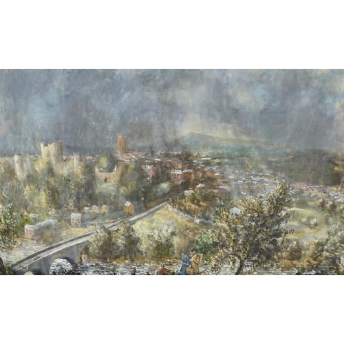 712 - Anthony Kerr (b.1924), oil on board, panoramic view of Ludlow, signed, 59 x 90cm. Condition - fair, ... 