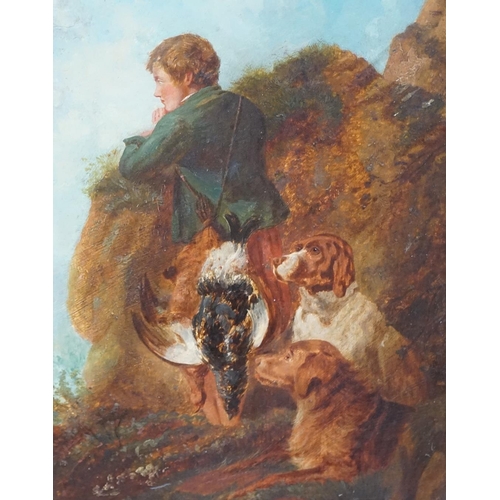 716 - After S. Barham, oil on board, Gundogs and figure in a landscape, unsigned, 34 x 25cm, ornate gilt f... 